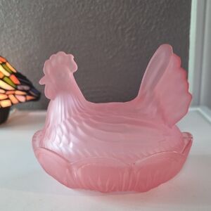 Pink Glass Hen on Nest Decorative Dish